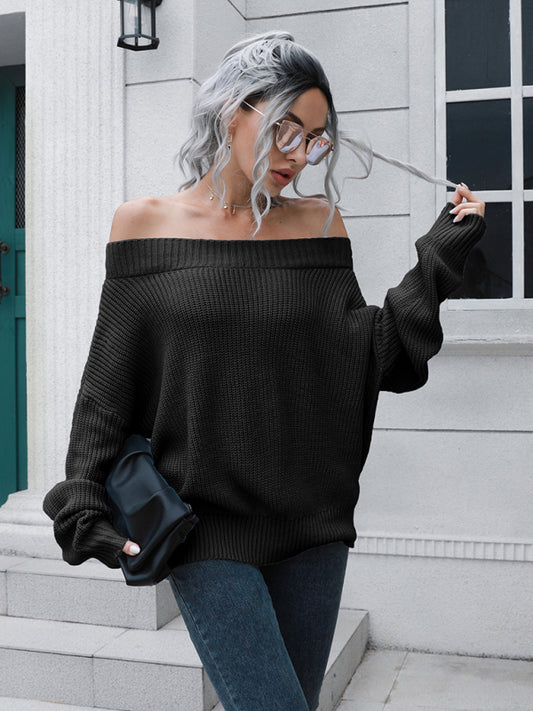 Women's off shoulder sweater with straight neck-[Adult]-[Female]-Black-S-2022 Online Blue Zone Planet