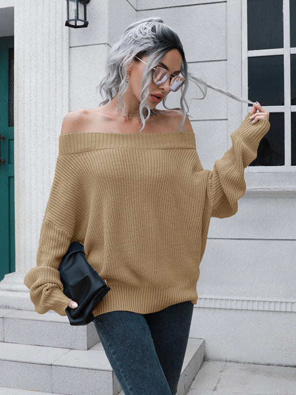 Women's off shoulder sweater with straight neck-[Adult]-[Female]-2022 Online Blue Zone Planet