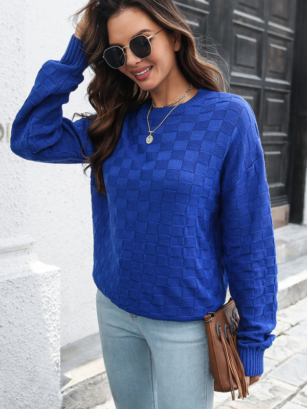 Sally's Three-Dimensional Plaid Loose Sweater-TOPS / DRESSES-[Adult]-[Female]-2022 Online Blue Zone Planet