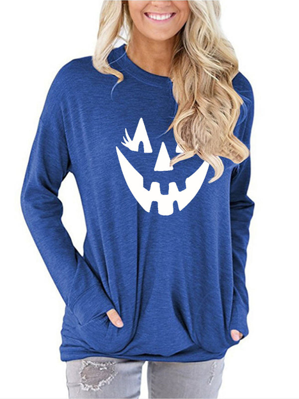 Blue Zone Planet | Halloween face print round neck Pullover-TOPS / DRESSES-[Adult]-[Female]-Blue-S-2022 Online Blue Zone Planet