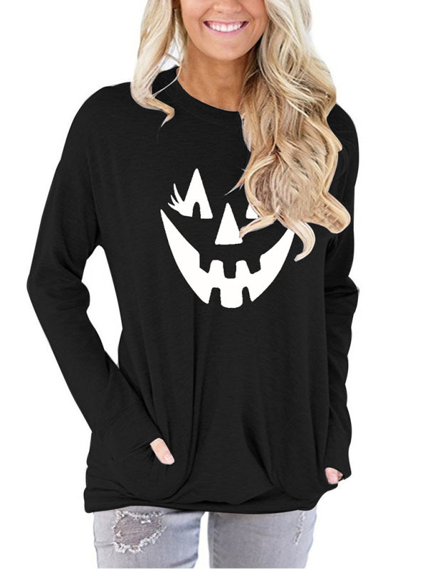 Blue Zone Planet | Halloween face print round neck Pullover-TOPS / DRESSES-[Adult]-[Female]-2022 Online Blue Zone Planet