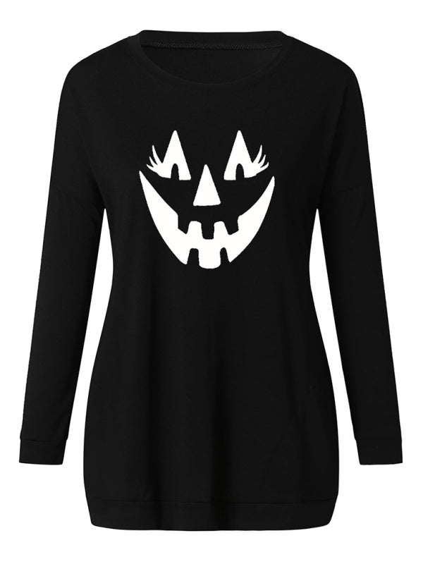 Blue Zone Planet | Halloween face print round neck Pullover-TOPS / DRESSES-[Adult]-[Female]-2022 Online Blue Zone Planet