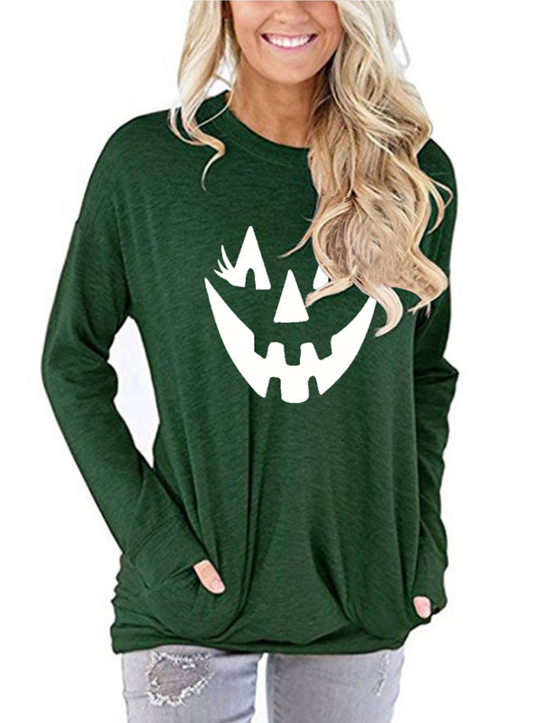 Blue Zone Planet | Halloween face print round neck Pullover-TOPS / DRESSES-[Adult]-[Female]-2022 Online Blue Zone Planet