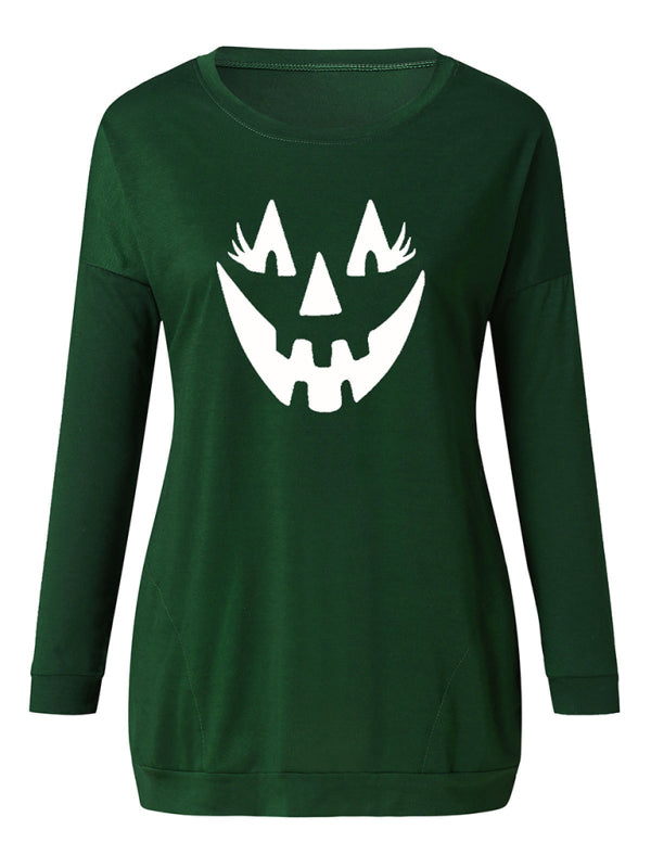 Blue Zone Planet | Halloween face print round neck Pullover-TOPS / DRESSES-[Adult]-[Female]-Green-S-2022 Online Blue Zone Planet