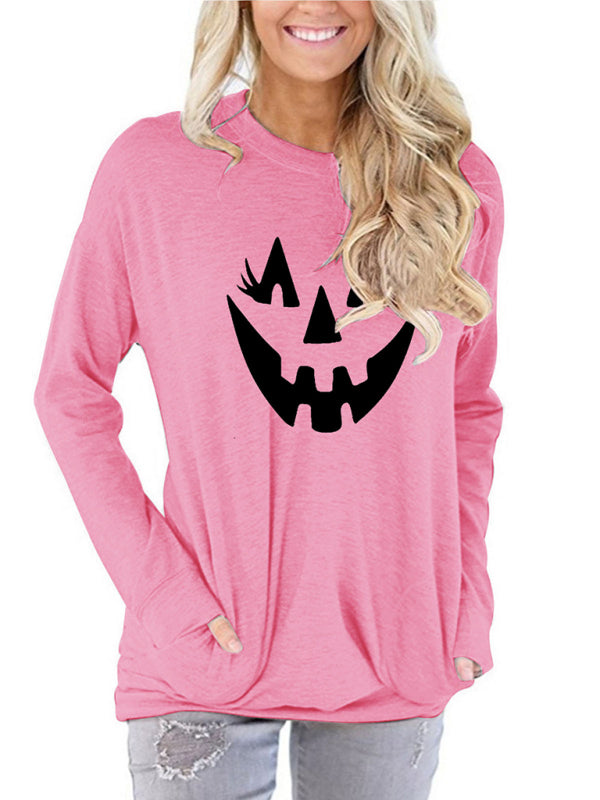 Blue Zone Planet | Halloween face print round neck Pullover-TOPS / DRESSES-[Adult]-[Female]-Pink-S-2022 Online Blue Zone Planet