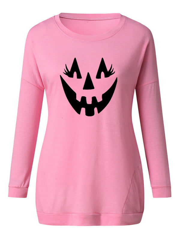 Blue Zone Planet | Halloween face print round neck Pullover-TOPS / DRESSES-[Adult]-[Female]-2022 Online Blue Zone Planet