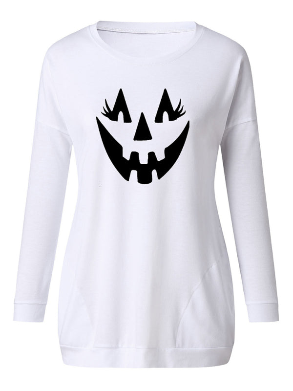 Blue Zone Planet | Halloween face print round neck Pullover-TOPS / DRESSES-[Adult]-[Female]-Raw white off white-S-2022 Online Blue Zone Planet