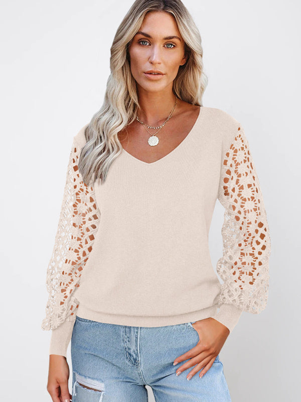 Cutout Long Sleeve V-Neck Pullover Top-[Adult]-[Female]-Cracker khaki-S-2022 Online Blue Zone Planet