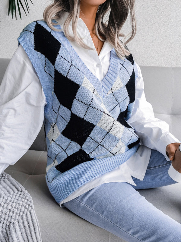 Blue Zone Planet | diamond V-neck loose knit vest sweater BLUE ZONE PLANET