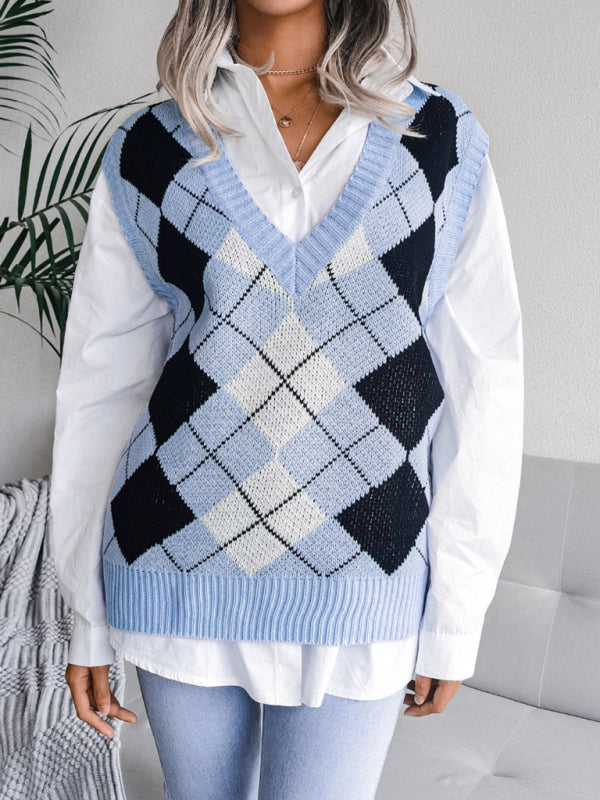 Blue Zone Planet | diamond V-neck loose knit vest sweater BLUE ZONE PLANET