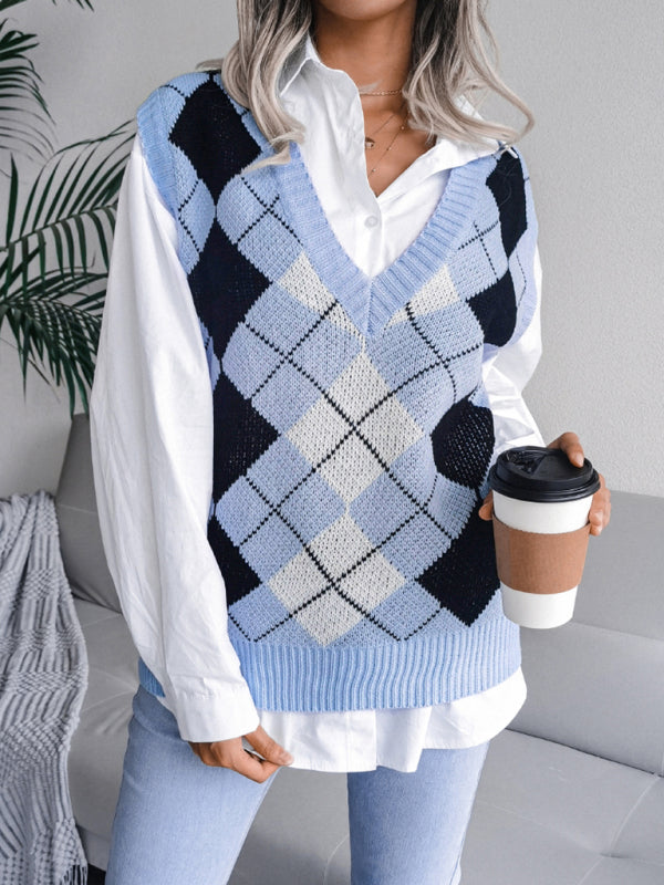 Blue Zone Planet | diamond V-neck loose knit vest sweater BLUE ZONE PLANET