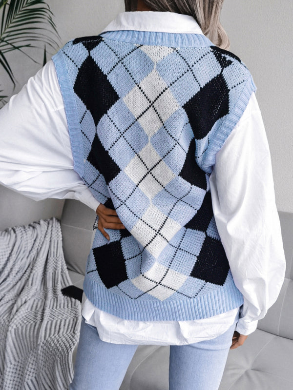 Blue Zone Planet | diamond V-neck loose knit vest sweater BLUE ZONE PLANET