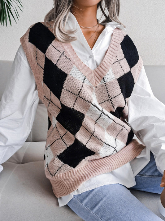 Women's diamond V-neck loose knit vest sweater-[Adult]-[Female]-Pink-S-2022 Online Blue Zone Planet