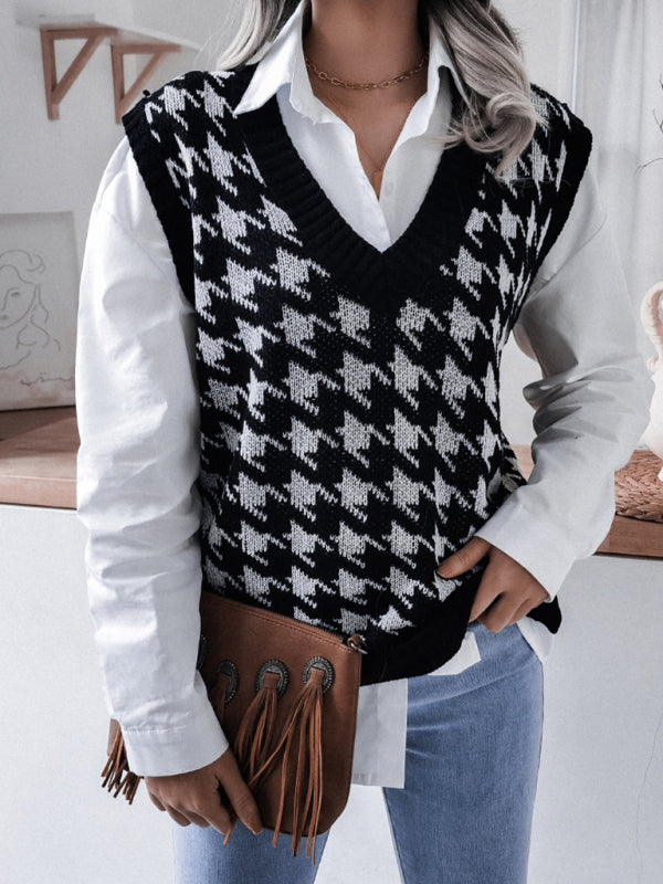 Blue Zone Planet |  V-neck thousand bird lattice loose knit vest sweater BLUE ZONE PLANET