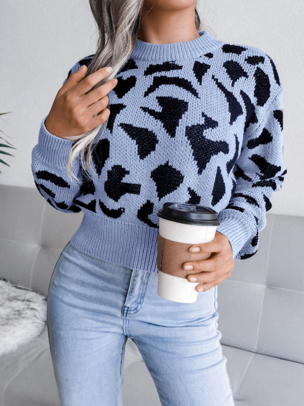 Women's casual leopard waist closed knit navel sweater-[Adult]-[Female]-2022 Online Blue Zone Planet