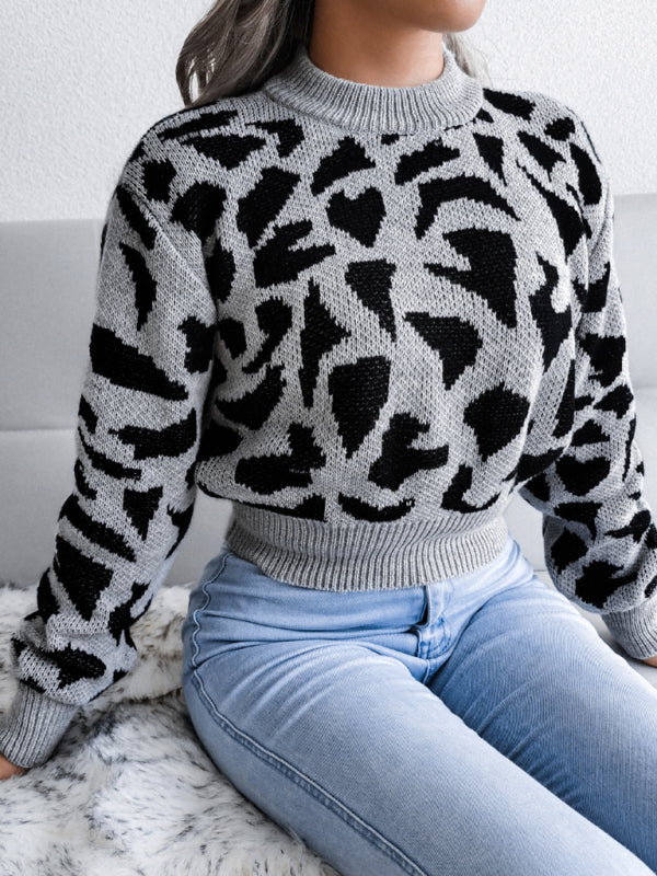 Women's casual leopard waist closed knit navel sweater-[Adult]-[Female]-2022 Online Blue Zone Planet