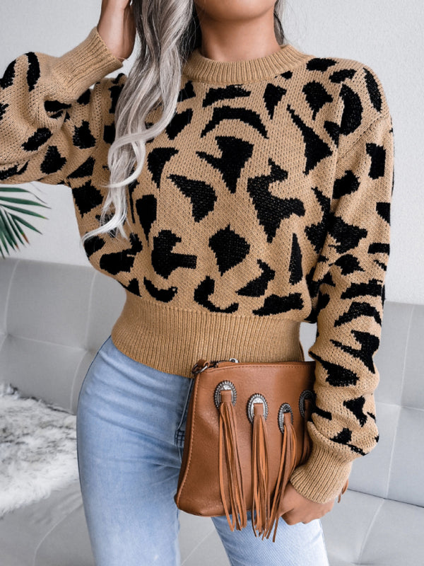 Women's casual leopard waist closed knit navel sweater-[Adult]-[Female]-2022 Online Blue Zone Planet