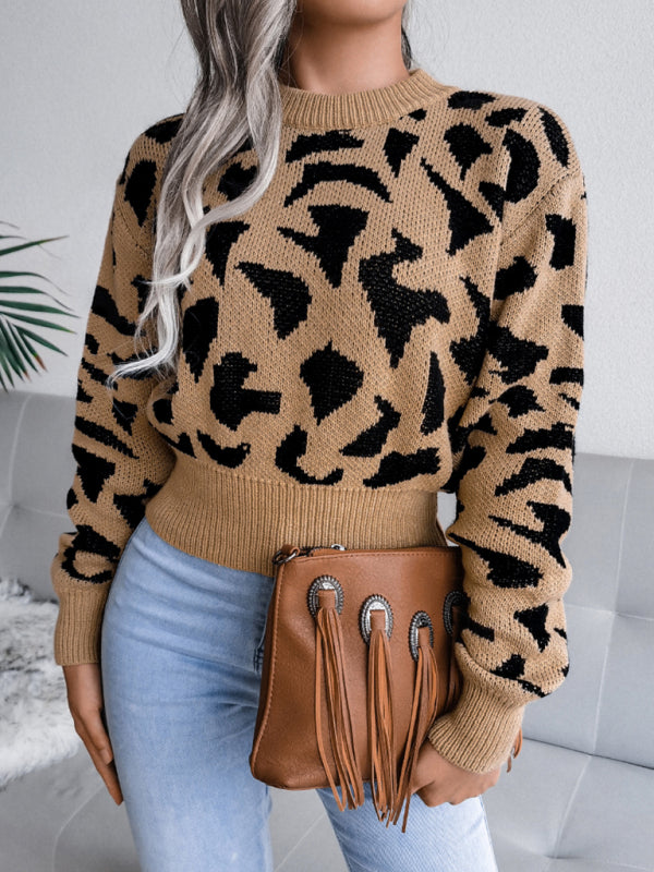 Women's casual leopard waist closed knit navel sweater-[Adult]-[Female]-2022 Online Blue Zone Planet