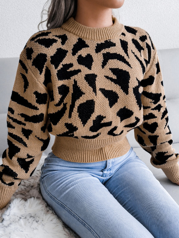 Women's casual leopard waist closed knit navel sweater-[Adult]-[Female]-2022 Online Blue Zone Planet