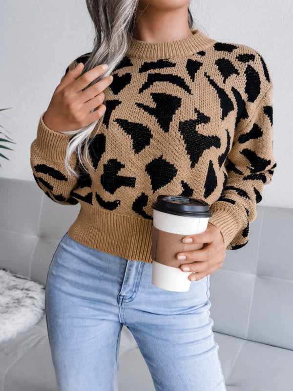 Women's casual leopard waist closed knit navel sweater-[Adult]-[Female]-2022 Online Blue Zone Planet