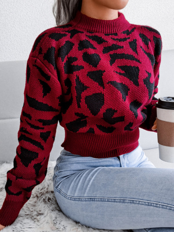 Women's casual leopard waist closed knit navel sweater-[Adult]-[Female]-2022 Online Blue Zone Planet