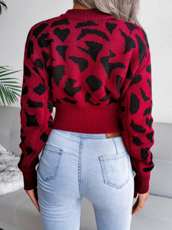 Women's casual leopard waist closed knit navel sweater-[Adult]-[Female]-2022 Online Blue Zone Planet