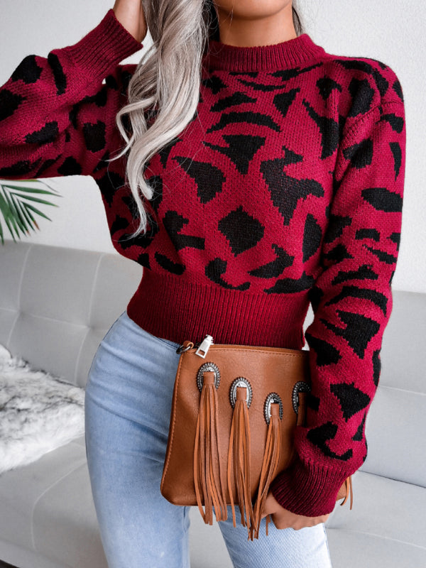 Women's casual leopard waist closed knit navel sweater-[Adult]-[Female]-Red-S-2022 Online Blue Zone Planet