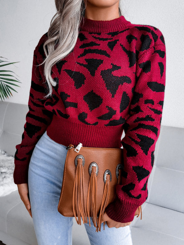 Women's casual leopard waist closed knit navel sweater-[Adult]-[Female]-2022 Online Blue Zone Planet