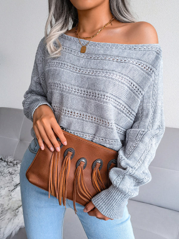 Blue Zone Planet | Tina's straight neck off shoulder hollow out fried dough twist knitted sweater-TOPS / DRESSES-[Adult]-[Female]-2022 Online Blue Zone Planet