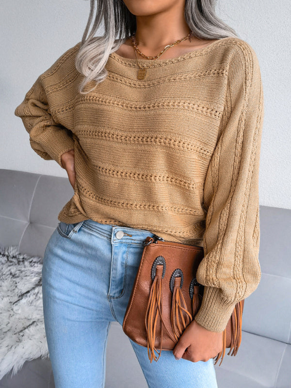 Blue Zone Planet | Tina's straight neck off shoulder hollow out fried dough twist knitted sweater-TOPS / DRESSES-[Adult]-[Female]-2022 Online Blue Zone Planet