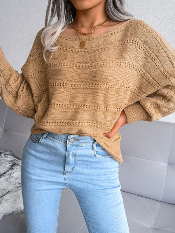 Blue Zone Planet | Tina's straight neck off shoulder hollow out fried dough twist knitted sweater-TOPS / DRESSES-[Adult]-[Female]-2022 Online Blue Zone Planet