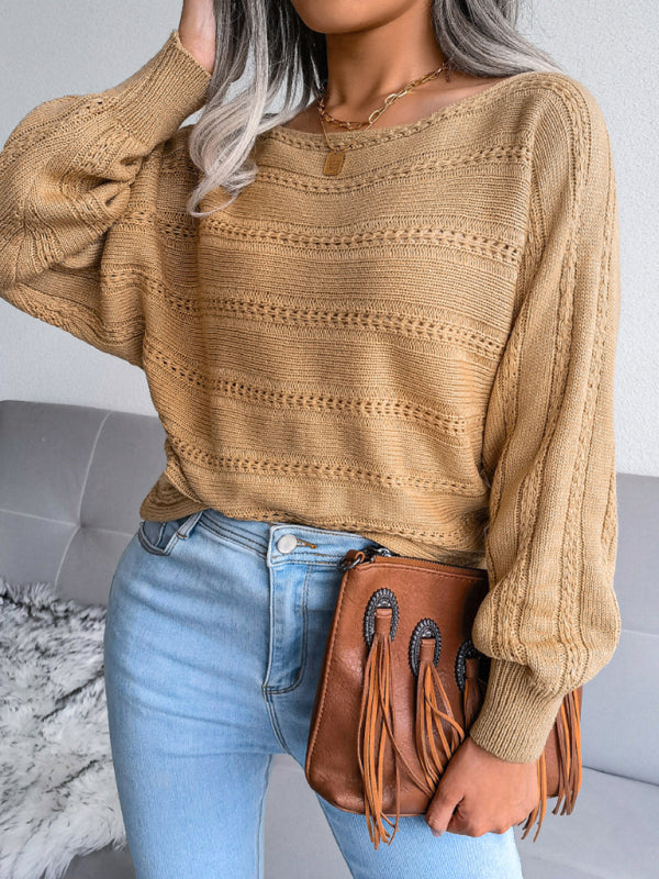 Blue Zone Planet | Tina's straight neck off shoulder hollow out fried dough twist knitted sweater-TOPS / DRESSES-[Adult]-[Female]-Khaki-S-2022 Online Blue Zone Planet