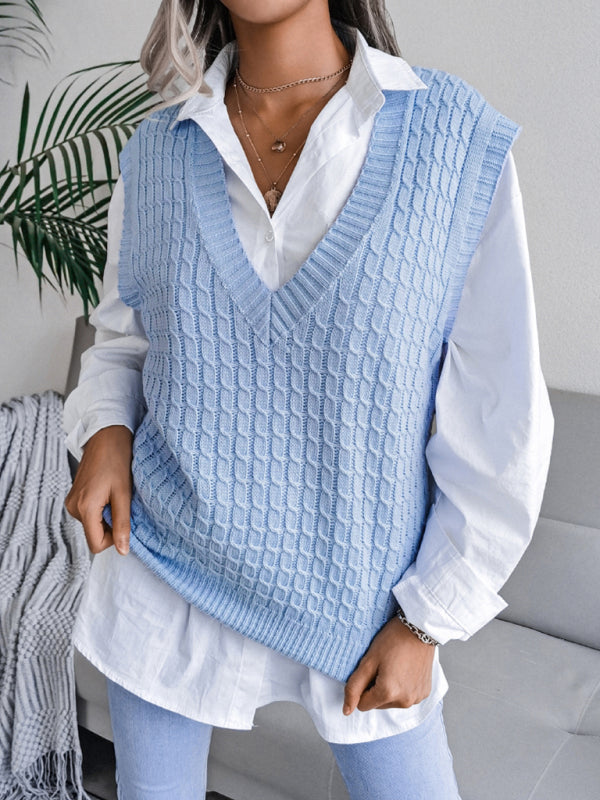 V-neck fried dough twist loose knit sweater vest BLUE ZONE PLANET