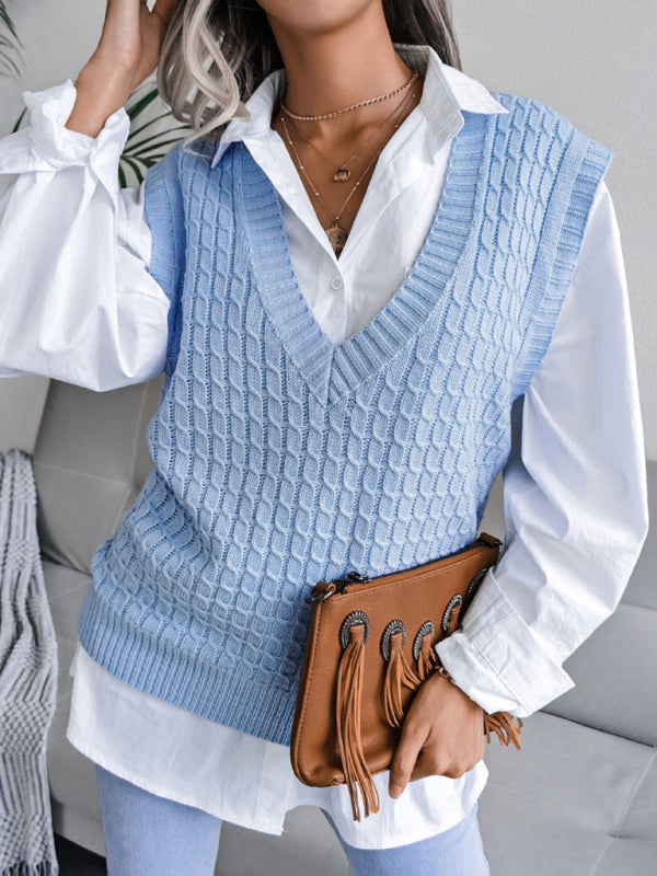 V-neck fried dough twist loose knit sweater vest BLUE ZONE PLANET