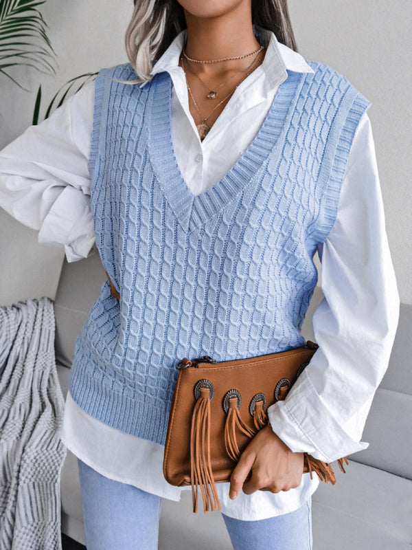 V-neck fried dough twist loose knit sweater vest BLUE ZONE PLANET