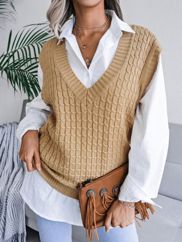 V-neck fried dough twist loose knit sweater vest BLUE ZONE PLANET