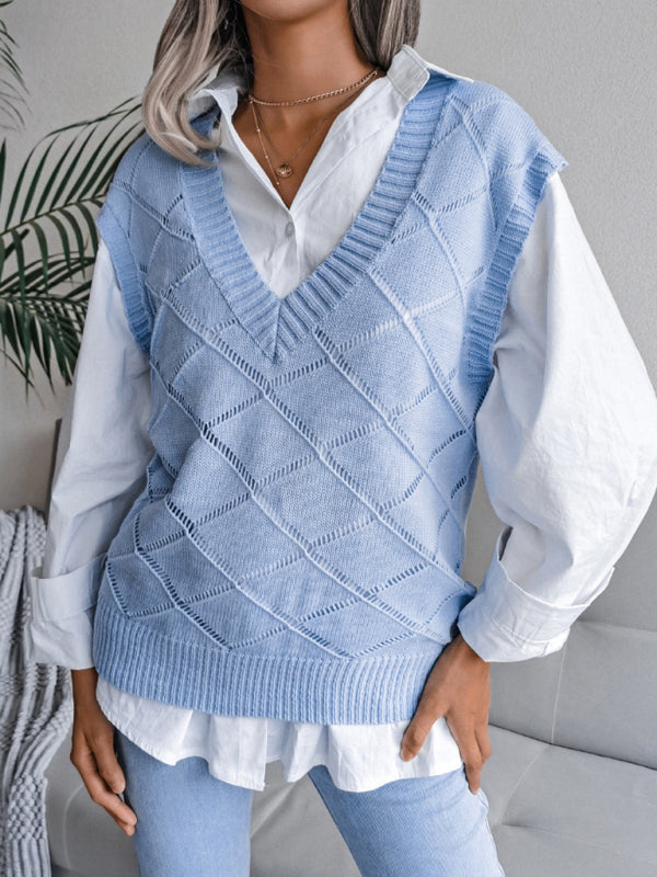 V-neck hollow diamond knitting vest sweater BLUE ZONE PLANET