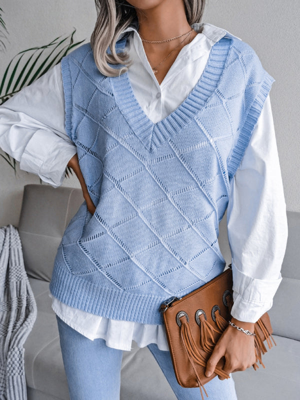 V-neck hollow diamond knitting vest sweater BLUE ZONE PLANET