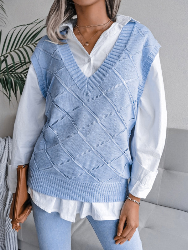 V-neck hollow diamond knitting vest sweater BLUE ZONE PLANET