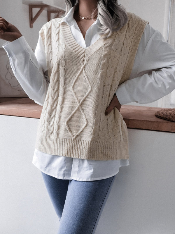 V-neck fried dough twist loose knit vest sweater BLUE ZONE PLANET