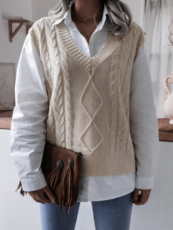 V-neck fried dough twist loose knit vest sweater BLUE ZONE PLANET