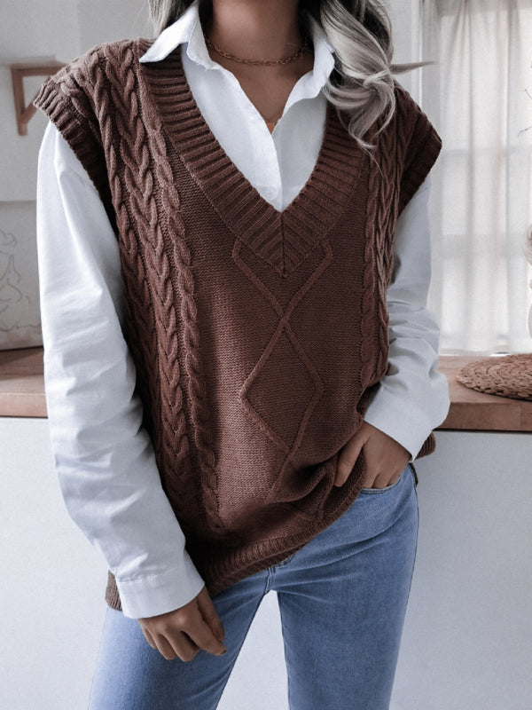 V-neck fried dough twist loose knit vest sweater BLUE ZONE PLANET