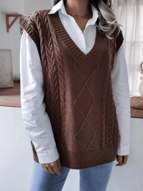 V-neck fried dough twist loose knit vest sweater BLUE ZONE PLANET