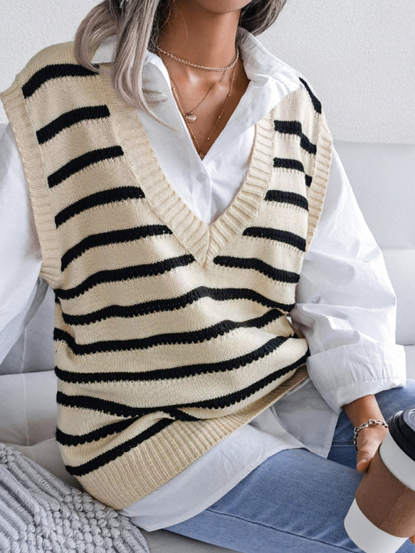 Blue Zone Planet |  V-neck stripe knitting vest sweater BLUE ZONE PLANET