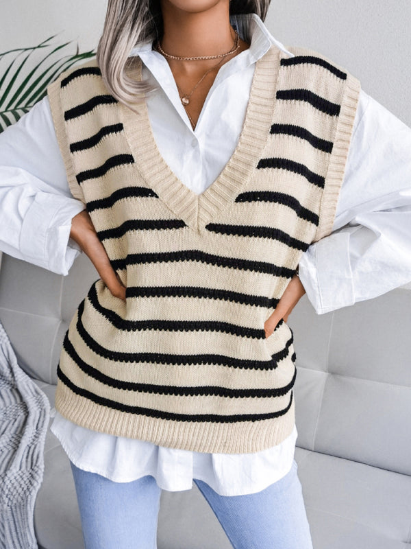 Blue Zone Planet |  V-neck stripe knitting vest sweater BLUE ZONE PLANET