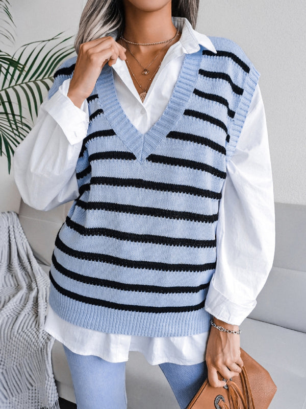 Blue Zone Planet |  V-neck stripe knitting vest sweater BLUE ZONE PLANET