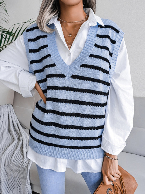 Blue Zone Planet |  V-neck stripe knitting vest sweater BLUE ZONE PLANET