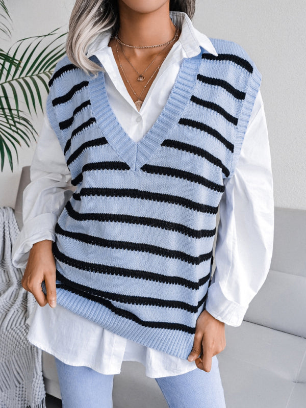 Blue Zone Planet |  V-neck stripe knitting vest sweater BLUE ZONE PLANET