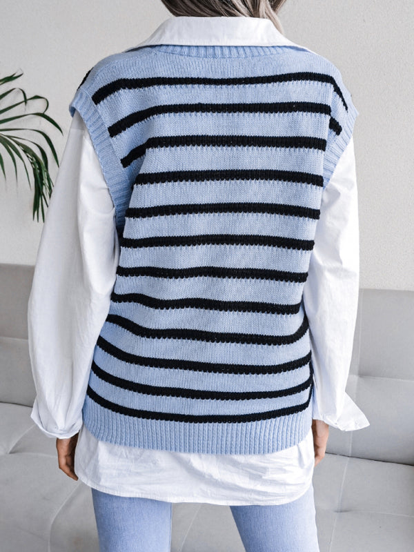 Blue Zone Planet |  V-neck stripe knitting vest sweater BLUE ZONE PLANET