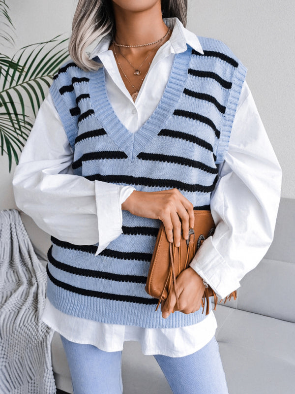 Blue Zone Planet |  V-neck stripe knitting vest sweater BLUE ZONE PLANET